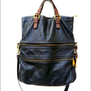 Fossil Explorer Genuine Leather Tote Vintage Key Fob Purse Charm Bag Long Strap